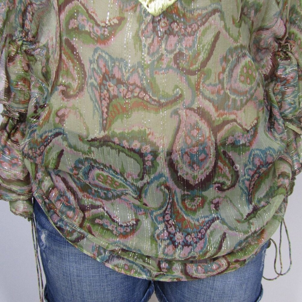 3.1 PHILLIP LIM SHEER Silk Metallic Oversize Ruched Boho Floral Glam Fairy Top 2 - Picture 3 of 9
